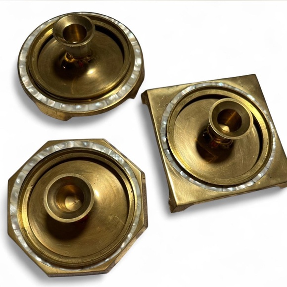 Brass Gold and White Candle Holders Set - Picture 1 of 5